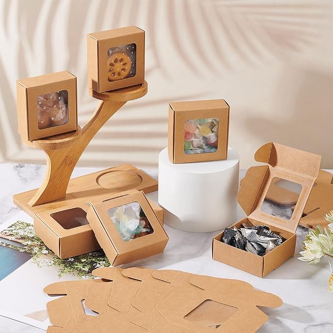 BENECREAT 36 Pack 3x3x1.2 Inch Brown Kraft Paper Gift Box with Clear Window for Multiple Occasions