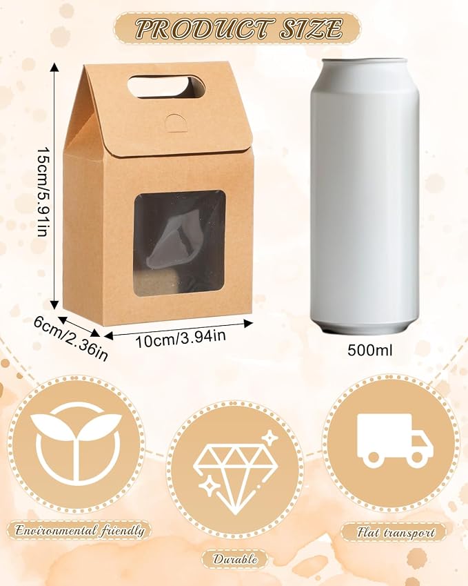 24 Pieces MINI Kraft Paper Gift Bags with Clear Window Small Goodies Gift Boxes with Handle 5.9 x 3.9 x 2.3inch Gable Candy Treat Box for Purim, Bakery Cookies, Wedding Favors, Small Business (brown)