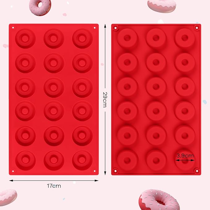 2er Pack Silicone Donut Mold - Non-Stick Silicone Doughnut Pan DIY Chocolate Baking Cookie Molds, Heat Resistant, Make Donut Cake Biscuit Bagels, BPA Free Dishwasher Safe (red, 18 Cavities)