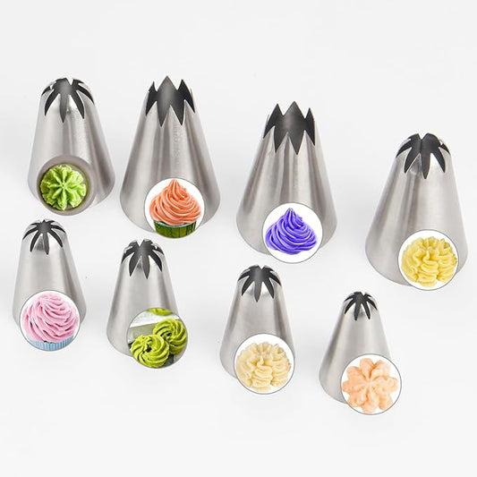 8Pcs Cookie Piping Tip Set, Stainless Steel 8-Tooth Icing Nozzles for Cake Decorating, Ideal for Cookies, Cupcakes, and Creative Frosting Designs, Includes 5 Medium and 3 Large Baking Tools