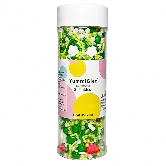 Strawberry Sprinkles 4.6oz - White Flowers Green Pearls Jimmies Sprinkles Mix for Cake Decorating, Summer Cupcake Topper, Birthday & Spring Baking Supplies