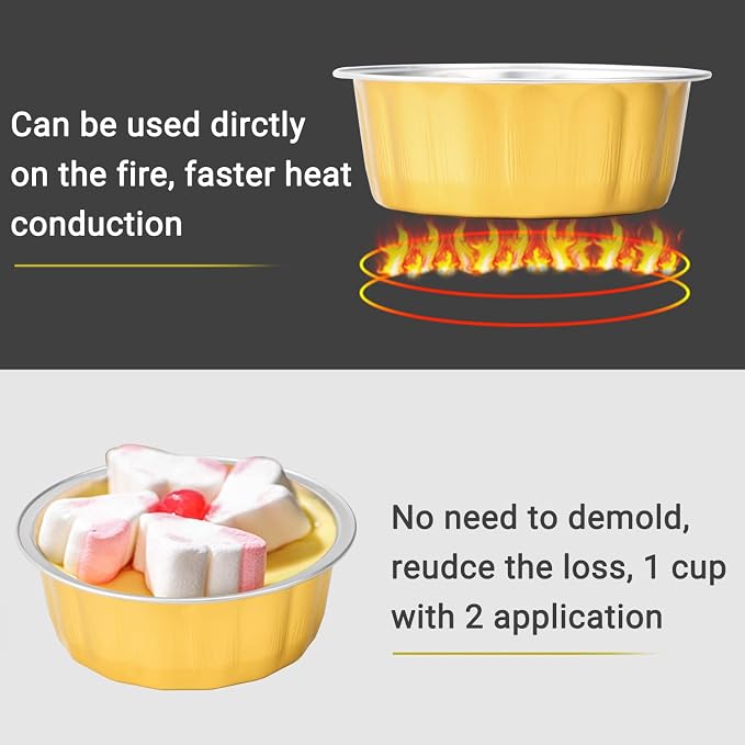Beasea Disposable Ramekins with Lids, 8 oz 50 Pack Golden Aluminum Foil Cups Disposable Creme Brulee Muffin Cupcake Baking Cup Mini Pudding Cups for Party Wedding Birthday