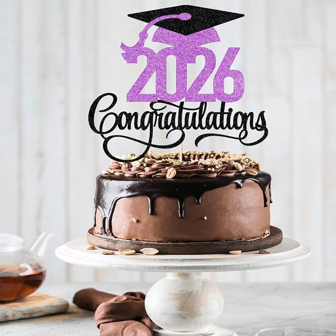 Glitter 2026 Congratulations Graduation Cake Topper,Congrats Grad Cake Decor - 2026 High School/College/Senior Graduation Party Decorations Supplie (2026Congratulations Dark purple)