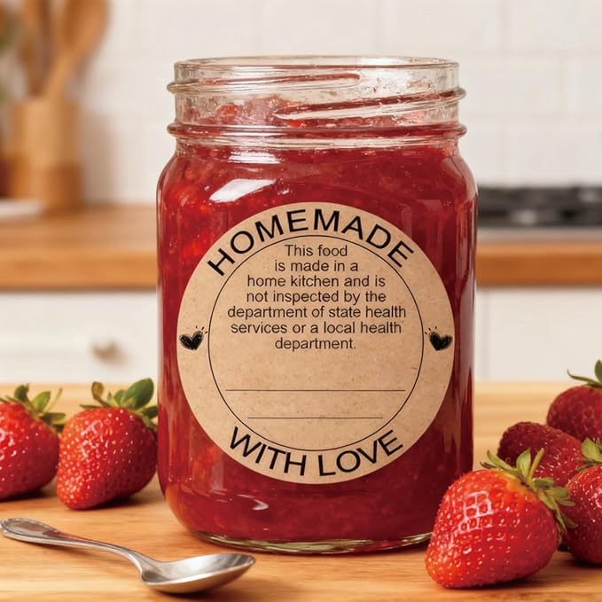 500 Pcs Cottage Food Law Homemade with Love Stickers 2 inch Home Kitchen Inspection Statement Labels Made in Home Kitchen Canning Jar Stickers of Personalized Baking (Kraft Paper)