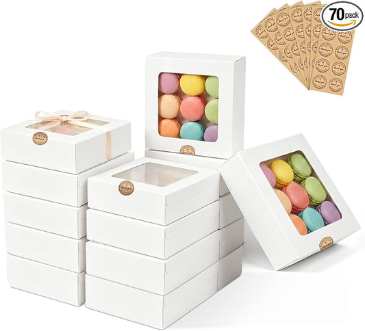 Homrelaxy 70 Pcs White Bakery Boxes with Window - 8x8x2.5 Inches Cardboard Cookies Boxes with Stickers for Macaroon, Pastries, Donuts, Cupcakes, Cookies and Chocolate Strawberries