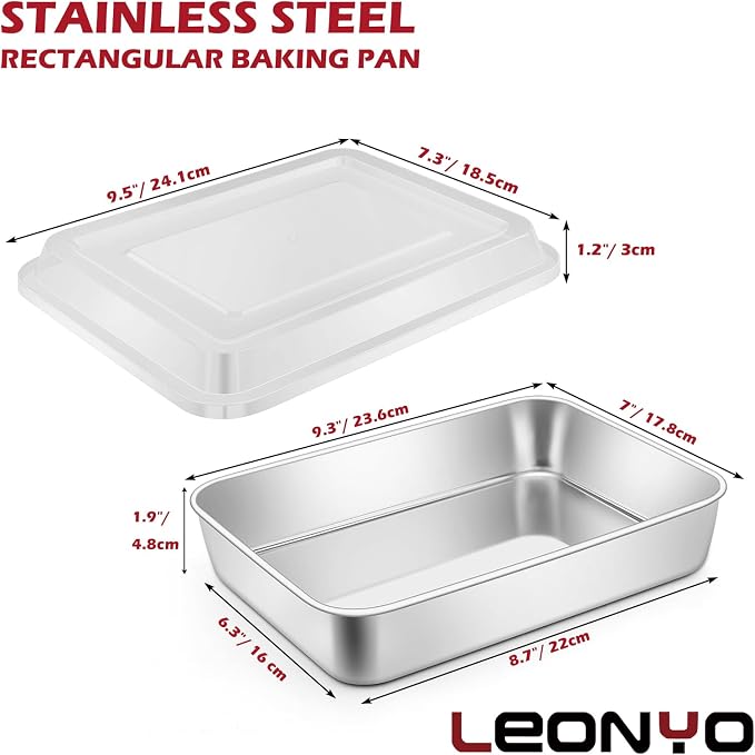 Leonyo 9.3"x7"x2" Bakeware Cake Pan with Lid, Lasagna Sheet Pan Set of 4 | For Commercial Kitchen, Focaccia Bread, Casserole Dish, Oven Safe & Stainless Steel