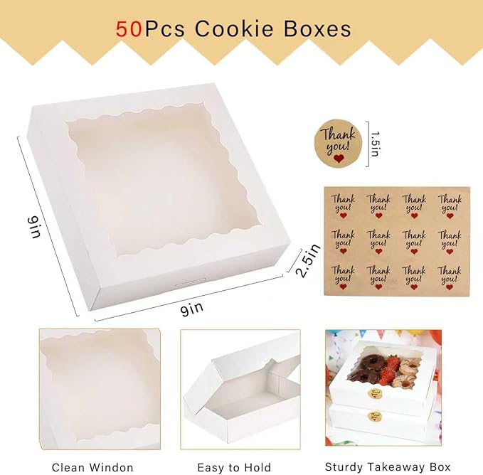 50pcs Cookie Boxes 9x9x2.5 Inches White Bakery Box with Window,Professional Pastry and Macaron, Packaging Container, Display Gift Box (50, WHITE, 9 * 9 * 2.5inch)
