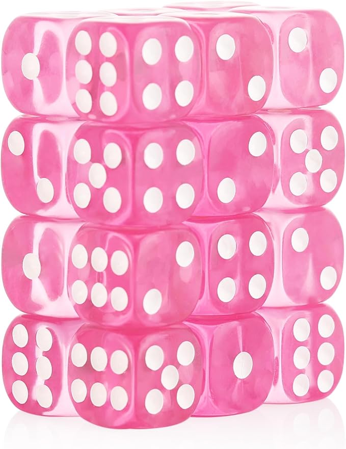 24 of Pack 16MM 6 Sided Dice Set,Translucent Colors D6 Game Dice Set, 6 Sided Standard Dices for Yahtzee, Bunco or Teaching Math,with Portable Dice Pouch(Pink)