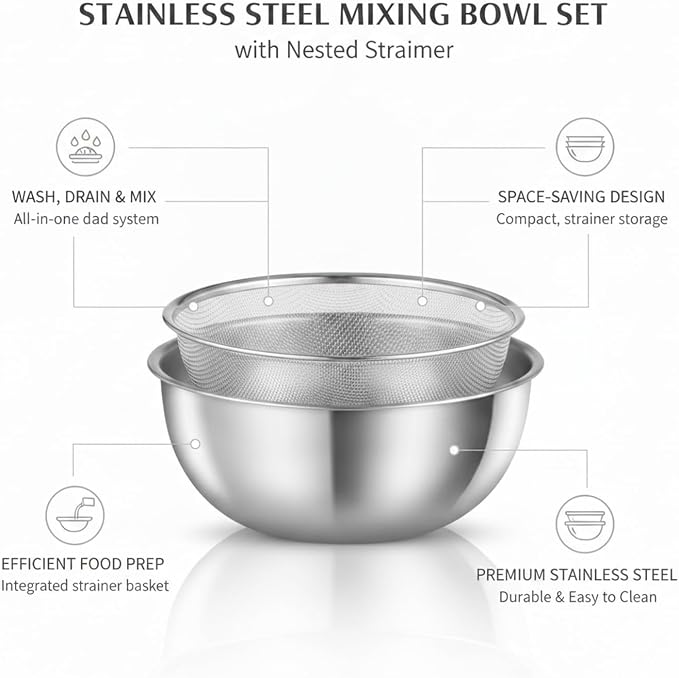 Stainless Steel Mixing Bowl Set with Nested Strainer for Washing, Draining, and Food Prep