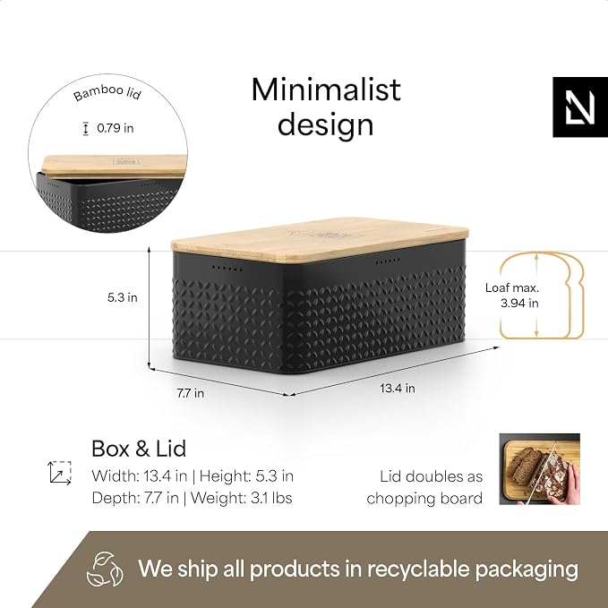 LARS NYSØM Bread Box I Metal Box for long lasting freshness I Bread Bin with bamboo lid usable as cutting board I 13.4x7.7x5.3In (Midnight Black)