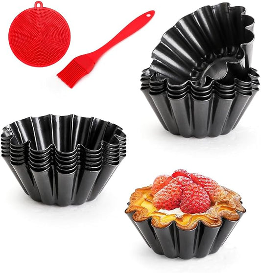 12 pcs Egg Tart Molds, 3.6" Mini Tart Pans, 1.2'' Deep Non-Stick Carbon Steel Mini Tart Panw/Oil & Dish Brushes for Cupcake Cake Muffin Mold Tin Pan, Baking Set Tool