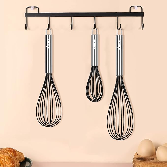NileHome Whisk Commercial Whisks Stainless Steel & Silicone Non-Stick Coated Small Whisk Set 8" 10" 12" Kitchen Wisk Wire Whisks for Cooking 3 Pack, Black