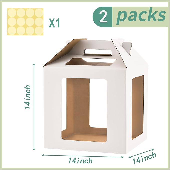 XININSUN Tall Cake Boxes for Tier Cakes 14x14x14 Inch Tall Cake Carrier with 6 Windows,Large Tierd Cake Take Out Transport Containers with Handle for Wedding, Birthday, Party-2Pack