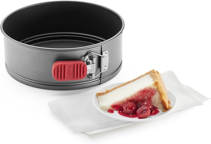 Lékué Non-Stick Round Springform Cake Tin - 8" Carbon Steel Oven Baking Pan with Platinum Silicone Handle, Even Heat, Dual Non-Stick Ceramic Coating, Scratch Resistant, PFOA & PFA-Free, 8.5 x 8 x 2.8"