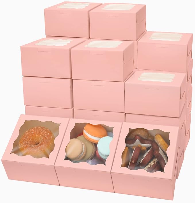 Bakepacker 400pcs Pink Bakery Boxes with Window 4"x 4"x 2.5" Thick & Cookie Boxes & Sturdy Macaroon Pastry