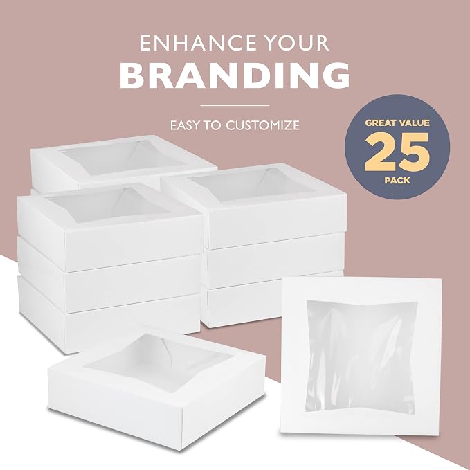 Fit Meal Prep [25 Pack] Pie Boxes with Window 9x9x2.5 White Pastry Boxes Auto Pop-up Bakery Containers for Dessert, Cookies, Cheesecake Treat Box for Packaging