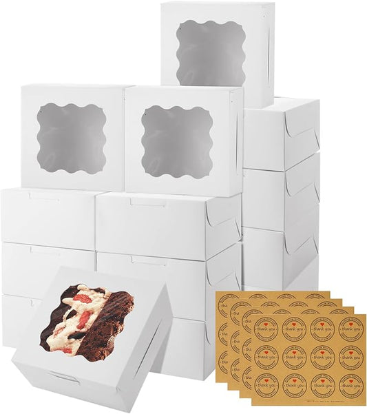 YAYODS 100 Pack Cookie Boxes 6x6x3 Inches Bakery Boxes with Window, White Treat Box with Stickers for Desserts, Pastry, Small Donut, Individual Cupcakes, Baked Goods