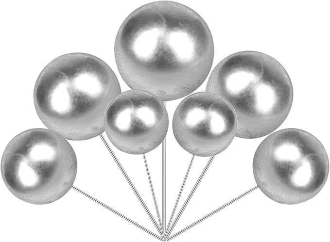 24 PCS Ball Cake Toppers Balls Cupcake Toppers Insert Foam Ball Shaped Cake Picks Mini Balloon Cake Decoration for Wedding Anniversary Baby Shower Birthday Party Cake Decorations Supplies Silver