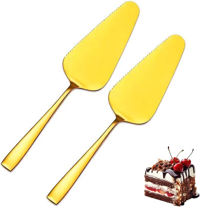 Cake Pie Servers, 9.06" Stainless Steel Pizza Pastry Slice Server, 2 PCS Gold Wedding Cake Cutter with Serrated Edges, Square Handle Cake Cutting Set for Wedding Brithday Parties and Events