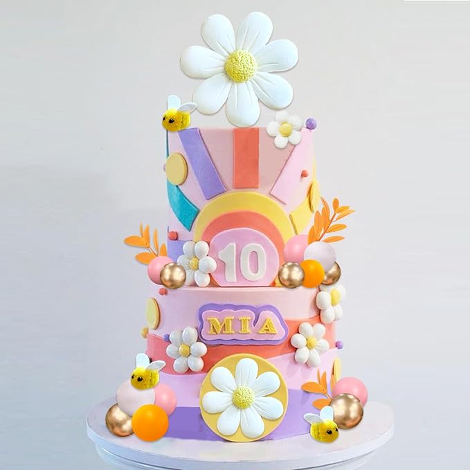 43Pcs Daisy Flower Boho Groovy Cake Topper Mini Balls Cake Decorations Bee Cake Toppers for Women Girls Kids Birthday Baby Shower Wedding Daisy Flower Bee Hippie Themed Party Supplies
