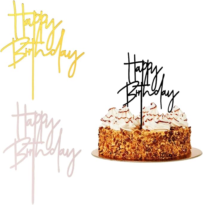 3 PCS Happy Birthday Acrylic Birthday Cake Toppers Decoration DIY Birthday Party Perfect Keepsake(Black,Gold,Pink）