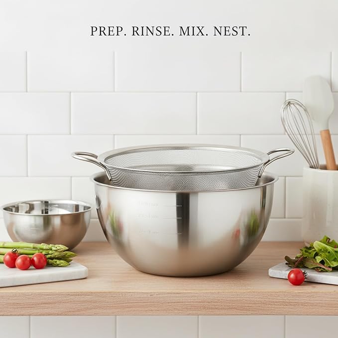 Stainless Steel Mixing Bowl Set with Nested Strainer, 2-in-1 Prep Basin for Washing, Draining, and Mixing