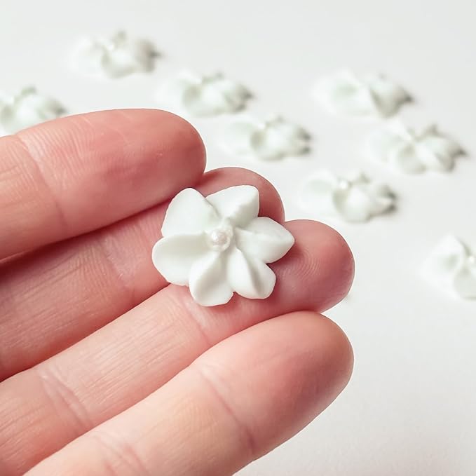 Mini Edible Royal Icing Flowers (72 Count), Petite Edible Flower Cake Decorations, Edible Flowers for Cupcakes, Flowers with Pearl Sprinkles for Cakes & Cupcakes, by Global Sugar Art (White, 72 Count)