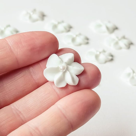 Mini Edible Royal Icing Flowers (180 Count), Petite Edible Flower Cake Decorations, Edible Flowers for Cupcakes, Flowers with Pearl Sprinkles for Cakes & Cupcakes, Global Sugar Art (White, 180 Count)