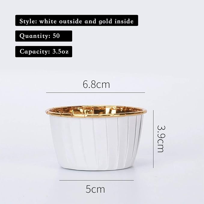 Party Hippo Cupcake Cups, 3.5 Oz 100 pcs Disposable Foil Muffin Liners, Gold Baking Cups, Ramekin Aluminum Cupcake Tip Pan Ramekin Holders, Little Baking Cups (100, White)
