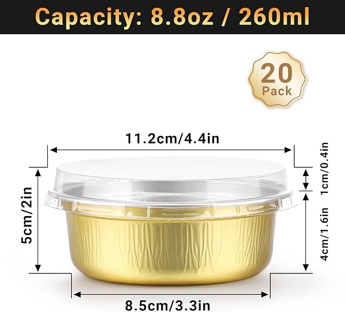 Beasea Disposable Ramekins with Lids, 20 Pack 8.8oz 260ml 4 Inch Aluminum Foil Cups Disposable Cupcake Mini Pudding Baking Cups for Party - Golden
