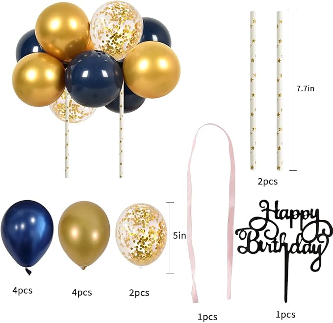 BEISHIDA Happy Birthday Cupcake Toppers - Navy Gold Mini Balloon Cloud Birthday Cake Decorations for Boys Men Party Decorations