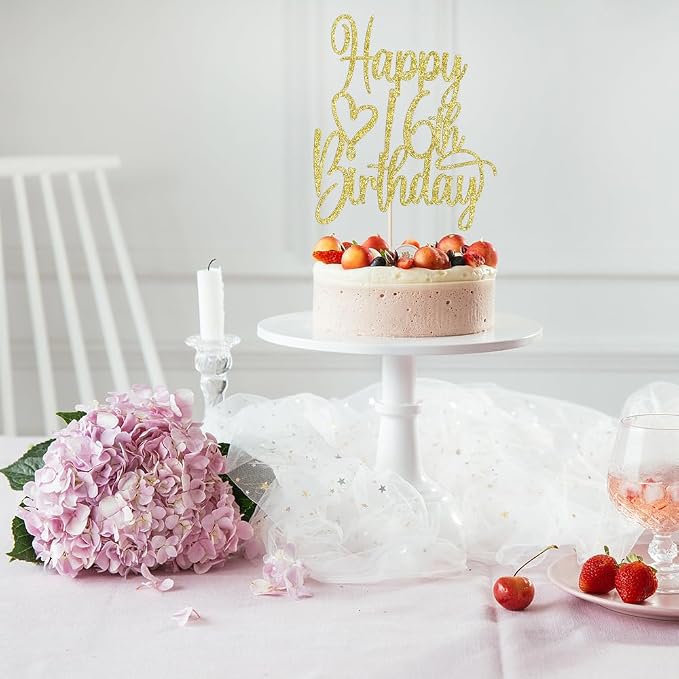 Gold Glitter Happy 16th Birthday Cake Topper - Cheers to 16 Years Cake Topper, 16 & Fabulous Cake Decoration for Hello 16th Birthday Anniversary Party Cake Decorations Supplies