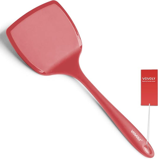 Silicone Pancake Spatula Turner with Lengthened Handle& Seamless Design, Heat Resistant Cooking Spatulas for Nonstick Cookware, Large Flexible Kitchen Utensils, Flipper for Egg, Pancake, Burger, Red