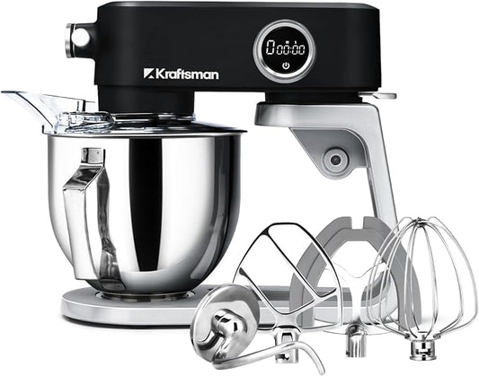All Metal Stand Mixer DC Motor - 5.3 QT Heavy Duty Pizza Dough Mixer with 4 Stainless Steel Attachments, Quiet Operation with Timer, Verstile Standing Mixer with Power Hub, 8-Speed (Black)