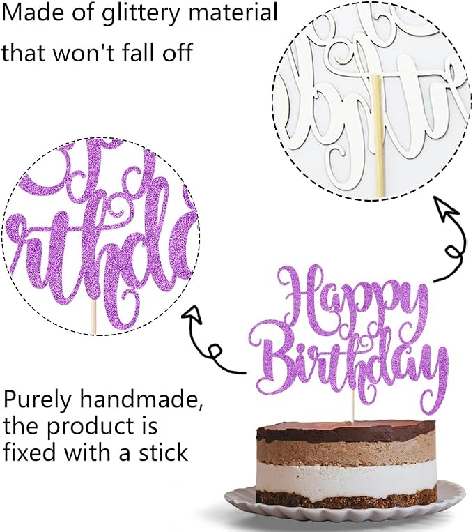Happy Birthday Cake Topper- Glitter Happy Birthday Cake Decor, Handmade Anniversary/Birthday Party Supplies (Purple)