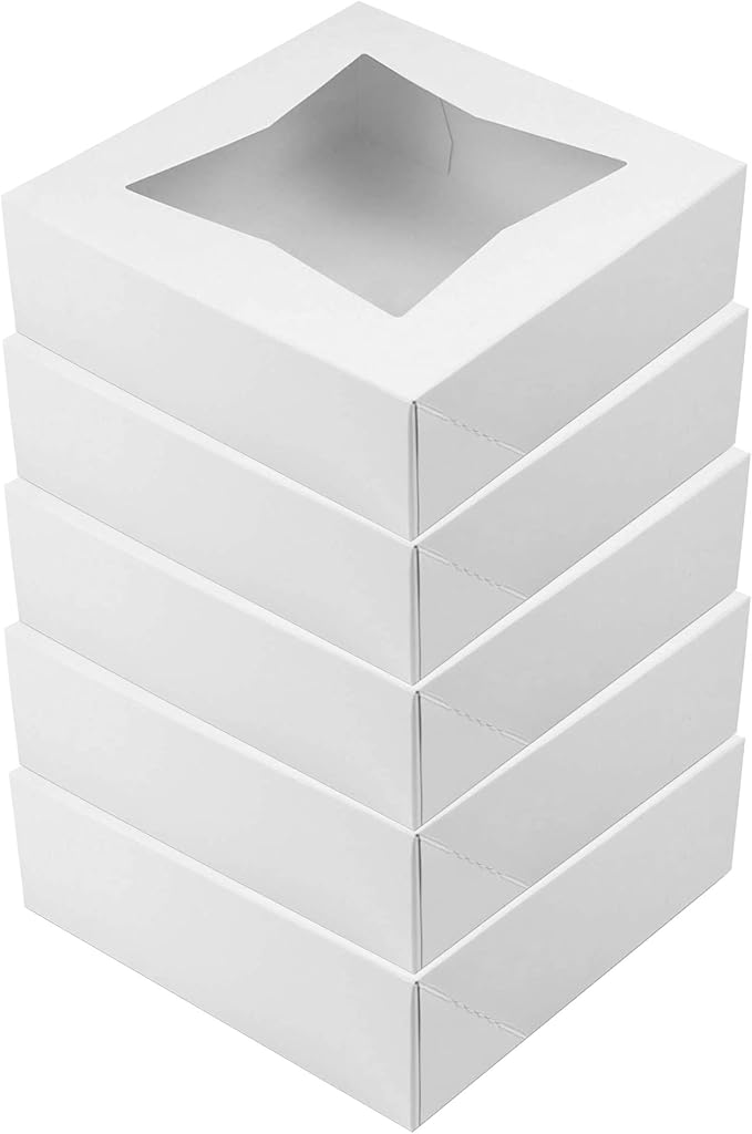 O'Creme White Bakery Boxes with Window, 10 x 10 x 2.5 Inches Deep, Pack Of 5, Display Pies, Pastries, Cupcakes and Cookies | Paperboard White Kraft Auto-Popup Window Cake Box, Pastry Container Carrier