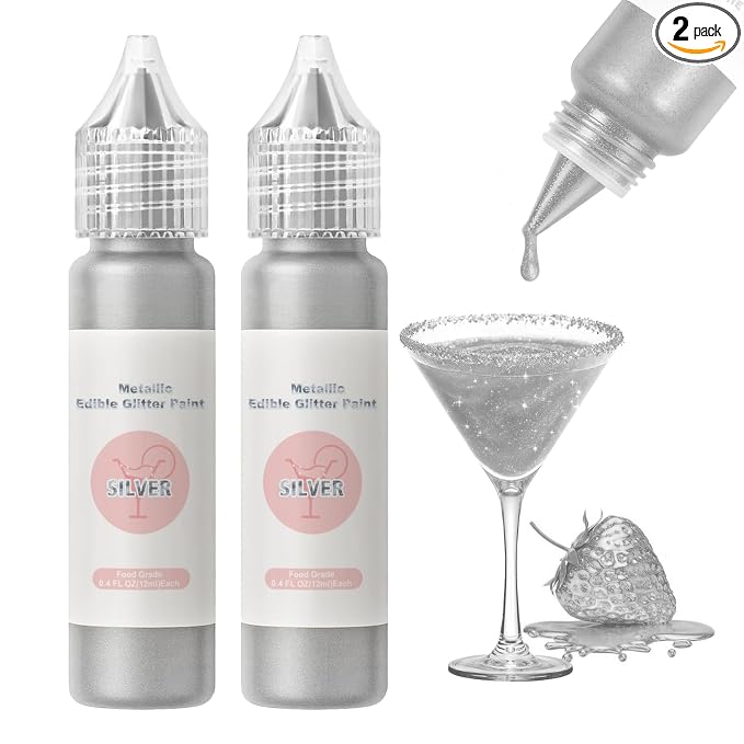 Edible Glitter Paint Set - Metallic Food Coloring Paint for Baking Cake Decorating -Vegan Art Decorative Cake Paint for Cupcakes, Cookies, Fondant, Donuts, Macaron, Candy 12ml/Each Bottle- 2 Silver