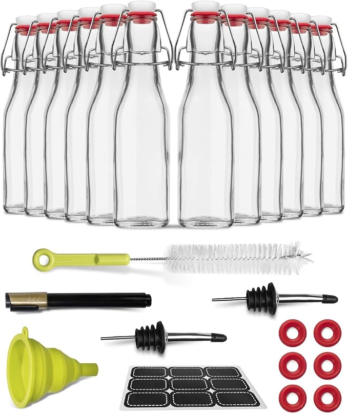 Vanilla Extract Bottles [8.5 oz, 12-Pack] – Flip Top Swing Top Glass Bottles for Homemade Extracts, Kombucha, Coquito, Juice – Airtight Leak-Proof Caps with Funnel, Extra Gaskets, Labels & Marker