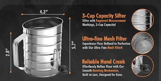 3 Cup Powdered Sugar Large Stainless Steel Rotary Hand Crank Flour Sifter With 4 Wire Agitator Baking Tools.
