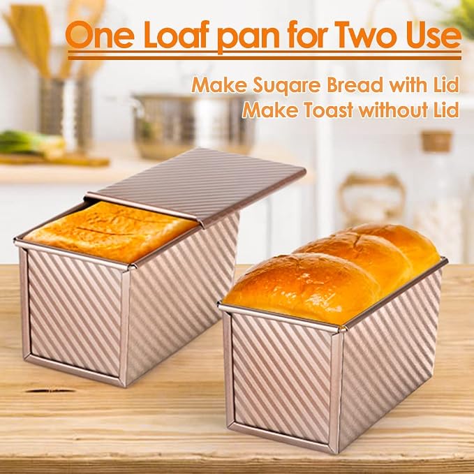 Pullman Loaf Pan with Lid Non-Stick Bread Toast Mold with Cover Carbon Steel Corrugated Bread Pan for Oven Baking 1lb Dough Capacity Bread Tin with Dough Scraper Cutter & Oil Brush