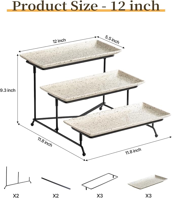 LAUCHUH 3 Tier Serving Tray, Porcelain Serving Platters and Trays for Party 12 Inch Tiered Tray Stand Cupcake Stand with Collapsible Sturdier Rack for Father's Day Serving Food, Speckled Glaze