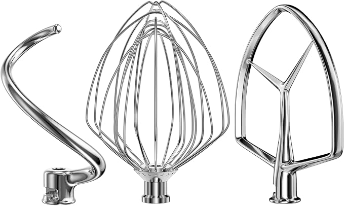 Stainless Steel Stand Mixer Attachments 3-Piece for KitchenAid 7 Qt Tilt Head Stand Mixer. Includes 20 Wire Whisk, Flat Beater, Dough Hook for KitchenAid 7 Qt Mixer Bowl