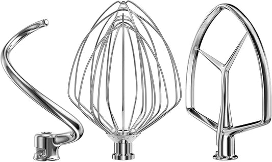 Stainless Steel Stand Mixer Attachments 3-Piece for KitchenAid 7 Qt Tilt Head Stand Mixer. Includes 20 Wire Whisk, Flat Beater, Dough Hook for KitchenAid 7 Qt Mixer Bowl