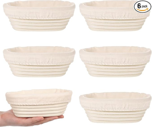 6 Set 6 Inch Oval Banneton Bread Proofing Basket Dough Proofing Bowls Kit with Cloth Liner Small Banneton Basket Proofing Baskets for Home Sourdough Bakers Supplies