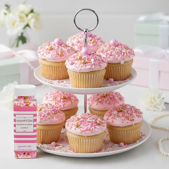 Pink, White and Gold Pearls and Sprinkles Mix 4.4 oz, Sprinkles For Cake Decorating, Baking, Ice Cream & More, The Hampton Candy Company