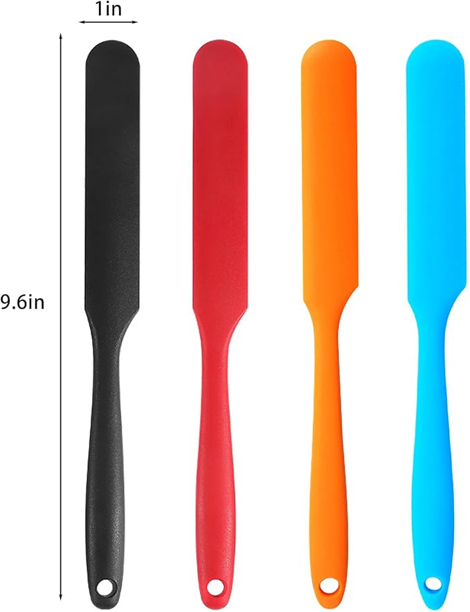 【4 Pack】Silicone Jar Spatula,Cake Cream Butter Spatulas,Icing Spatula,Sourdough Spatula with Long Handle, Jar Scraper Spatula (Black,Red,Orange,Blue)
