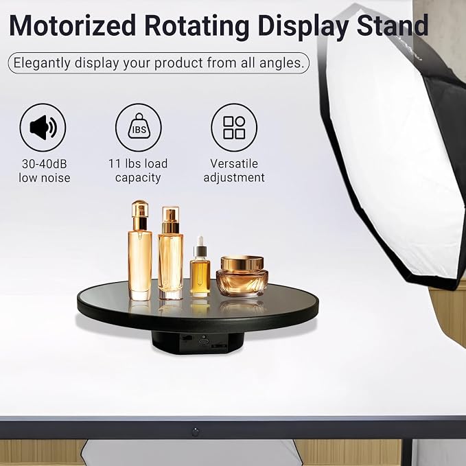 JAYEGT Motorized Rotating Display Stand, 10inch /11Lbs Load ,Mirror Cover ，360 Degree Electric Rotating Turntable ,Cup Display Turner Stand,Photography Products, Jewelry ,Tumbler -Black