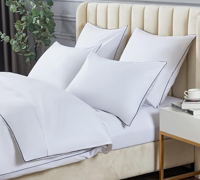 DAUAOTO King Size Duvet Cover Set, White Microfiber Bedding with Contrasted Navy Piping, 1 104"X90" Duvet Cover + 2 20"X36" Shams