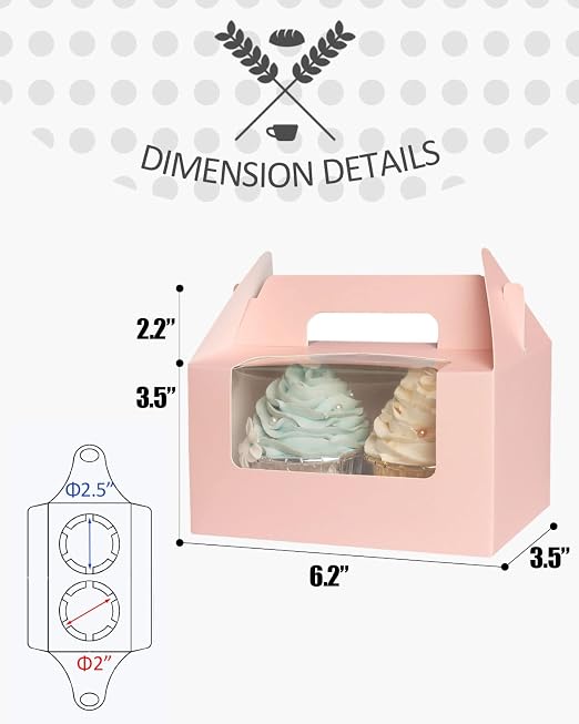 qiqee Pink Cupcake Box Two Holder 6.5x3.6x3.5inch(2.2" Top) 50pcs 2 Cupcake Boxes With Window