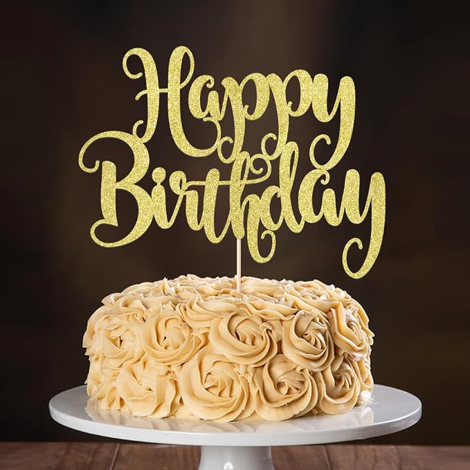 Happy Birthday Cake Topper- Glitter Happy Birthday Cake Decor, Handmade Anniversary/Birthday Party Supplies (Gold)